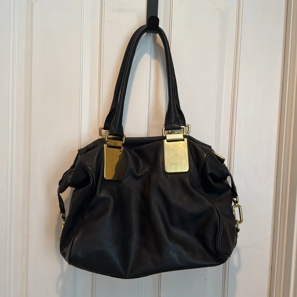 Banana Republic Elegant Black Leather Handbag with Gold Accents